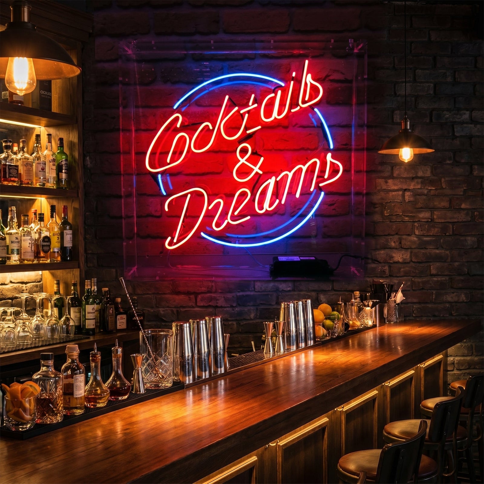 Rood-blauw neon LED-bord “Cocktails & Dreams”, retro nachtbardecoratie.