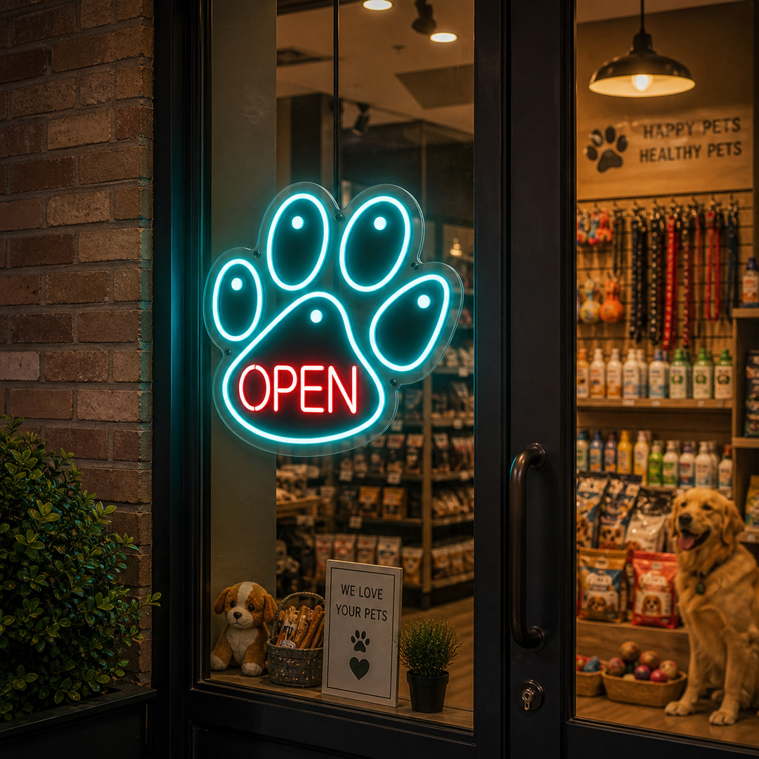"Hondenklauw, Huisdier, Honden Dierenartsenpraktijk, Open Logo" Neon Verlichting