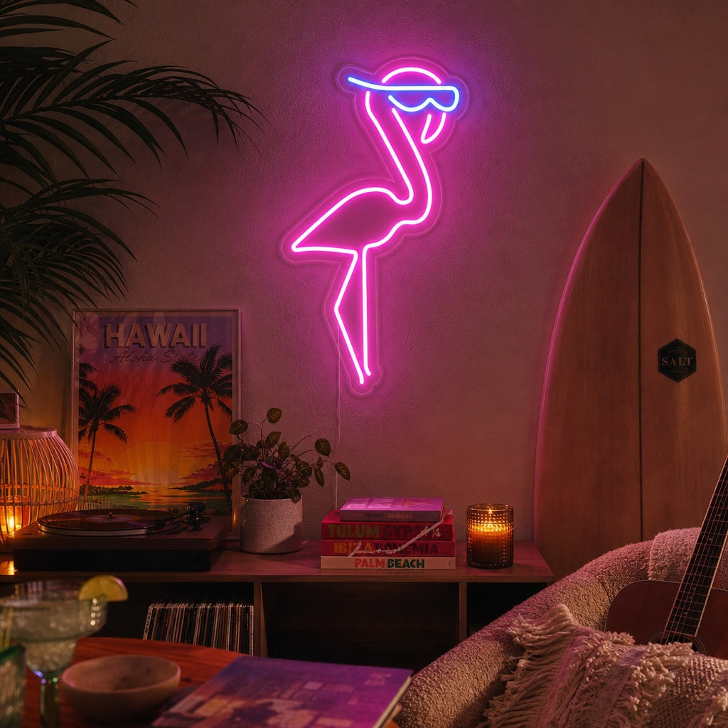 neon flamingo met zonnebril