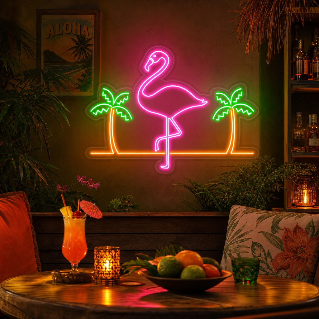 "Flamingo, Palmbomen, Bar" Neon Verlichting