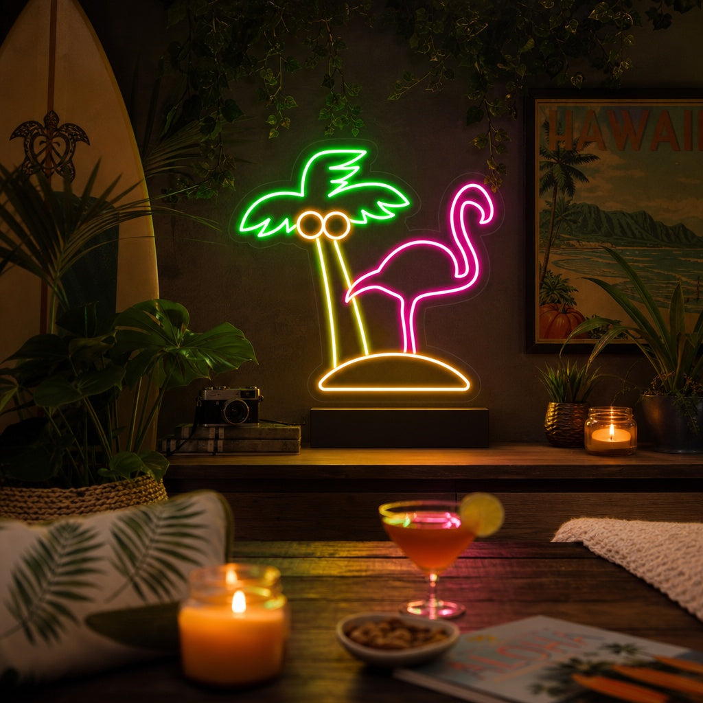 "Flamingo, Palmboom, Strand" Neon Verlichting