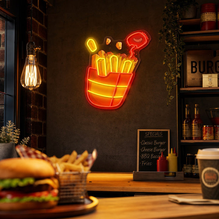 "Frites met chilisaus, fastfood" UV-geprint LED-neonbord