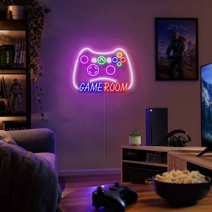 Neon LED-bord met gamecontroller en tekst “GAME ROOM”, sfeerlamp voor speelhoek.