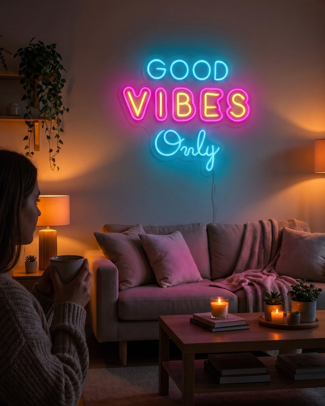 A warm living room personalized with a Good Vibes Only neon sign