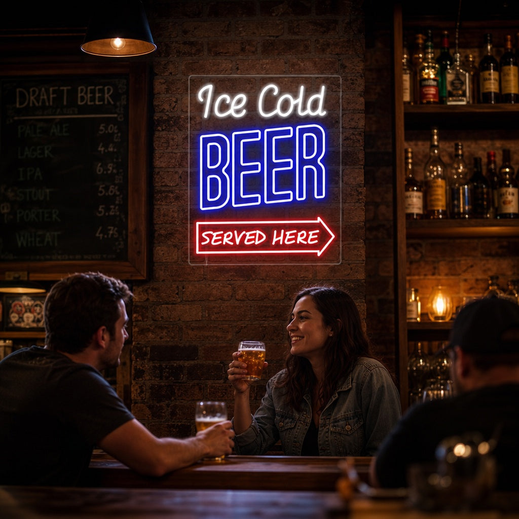 "Ice Cold Beer Served Here Bar" Neon Verlichting