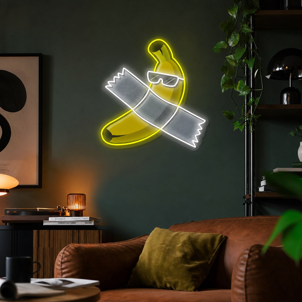 "Is deze kunst, banaan met tape" UV-geprint LED-neonbord