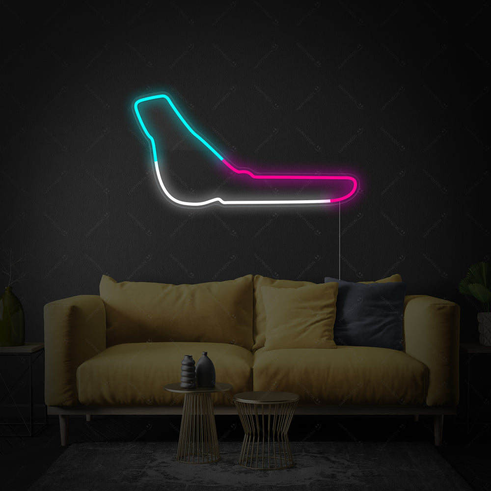 Bicolor neon LED-bord van F1-circuit Monza, modern racingdesign voor hobbykamer.
