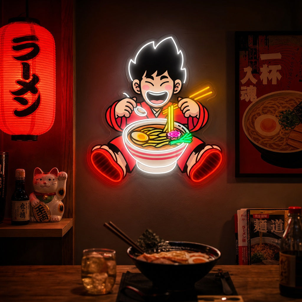Boy en Ramen Noodle Neonbord, Japanse Restaurant Decor