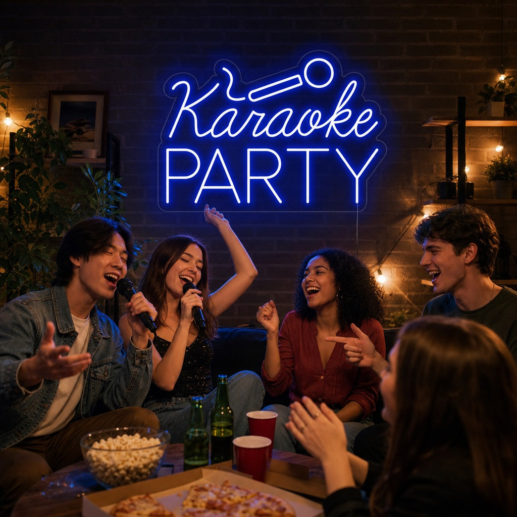 Blauw neon LED-bord “Karaoke Party”, decoratief licht voor karaokezaal of loungebar.