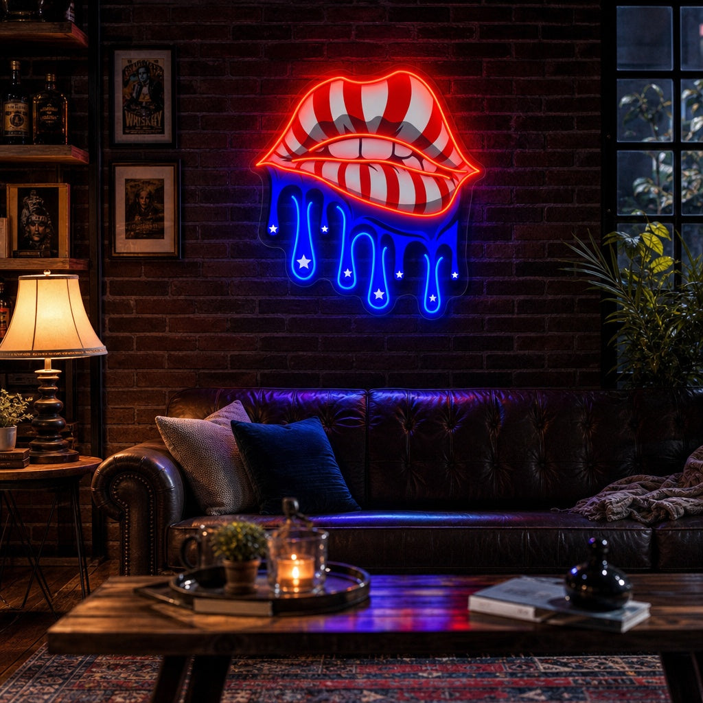 "Lippen met Amerikaanse vlag druipen" UV-geprint LED-neonbord