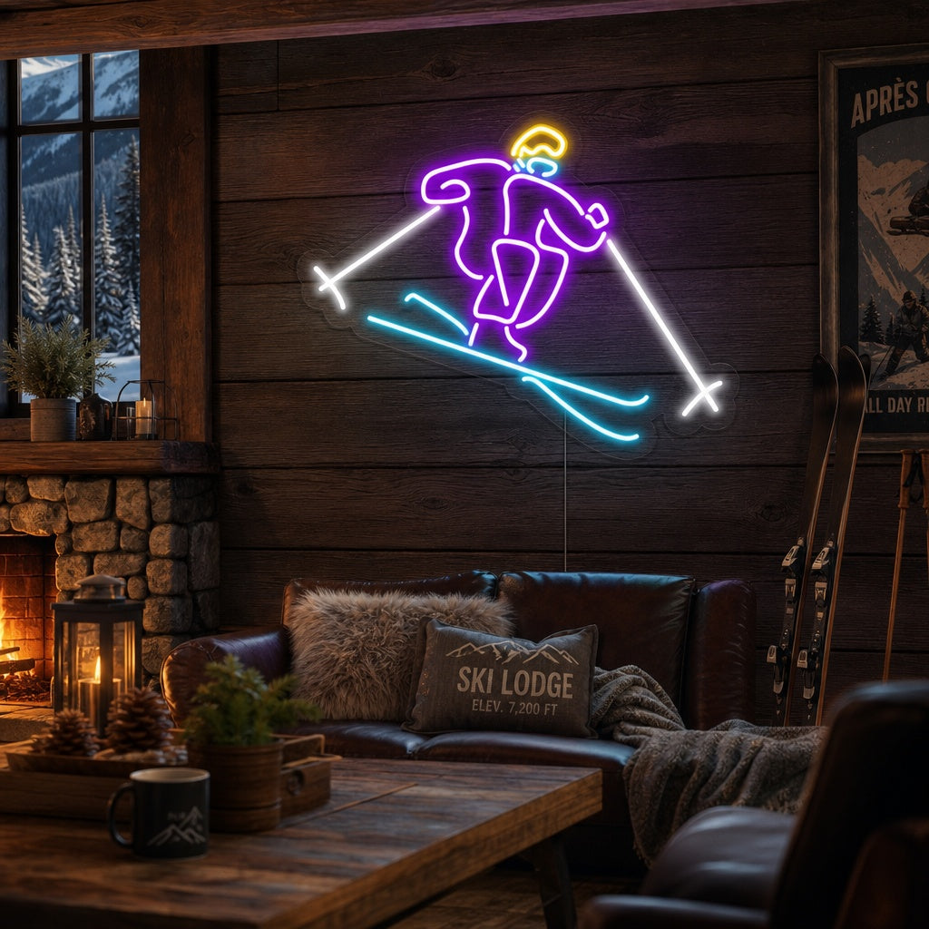 Neon LED-bord met skiër in actie, kleurrijk wintersportdesign voor chalet of sportkamer.