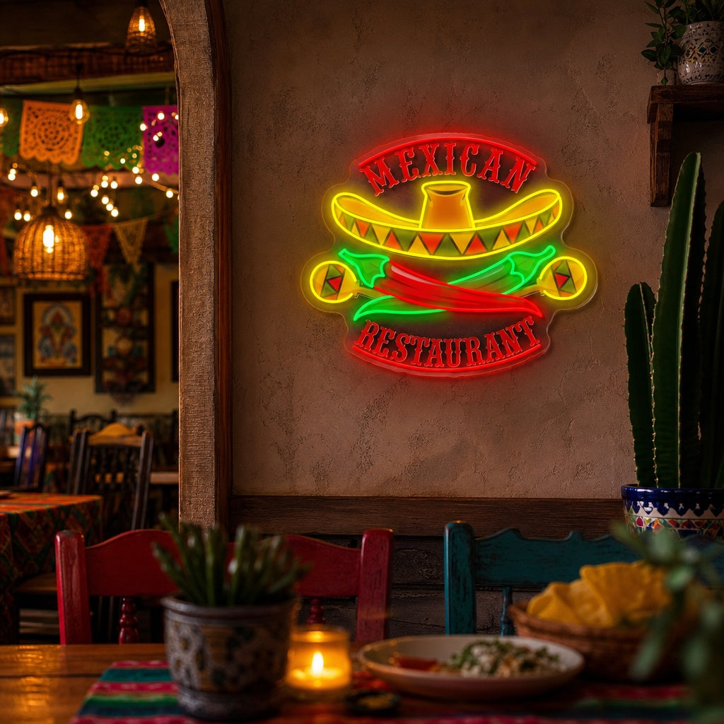 "Mexicaans restaurant Sombrero Maracas Pepper" UV-geprint LED-neonbord