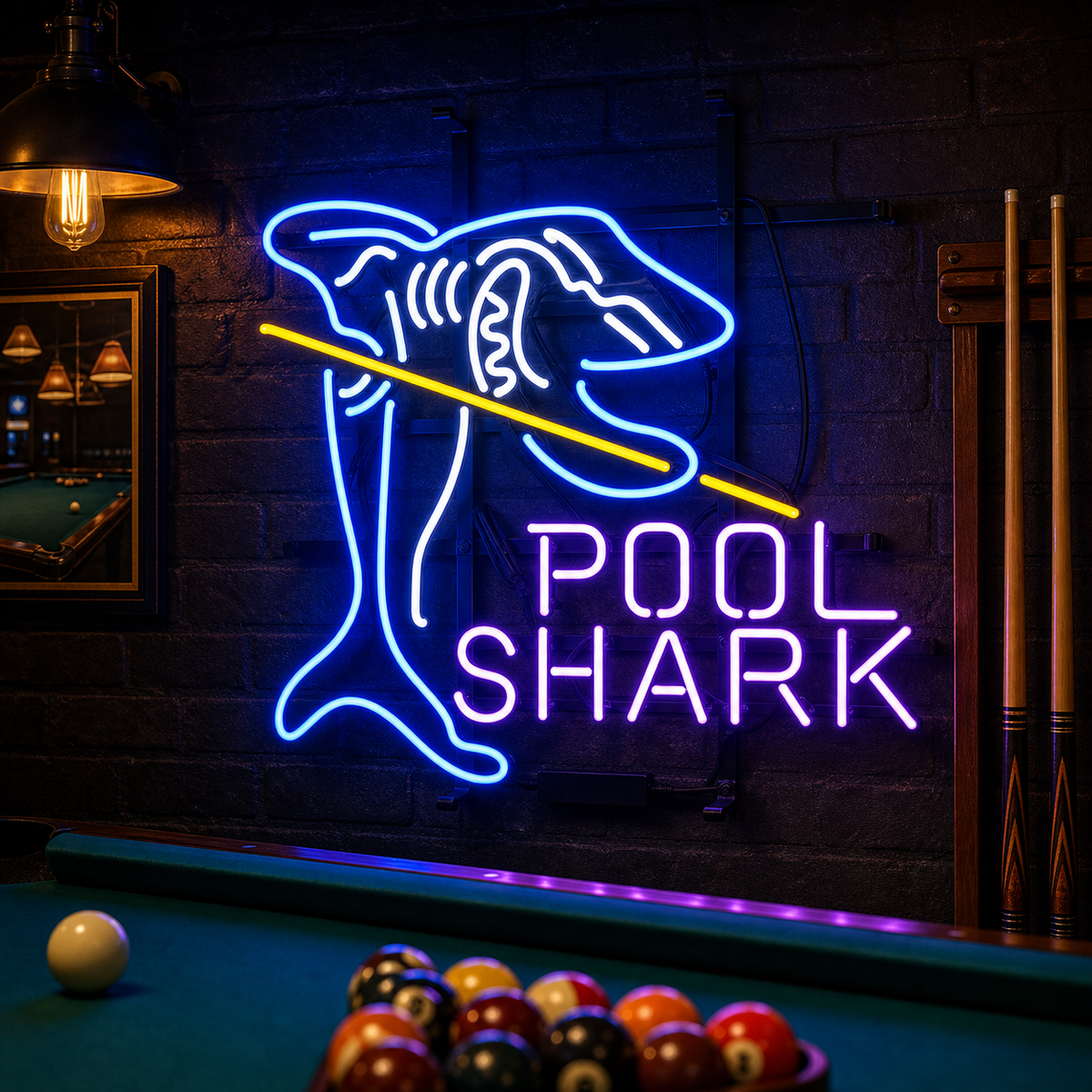 neon haai met biljartkeu en tekst Pool Shark