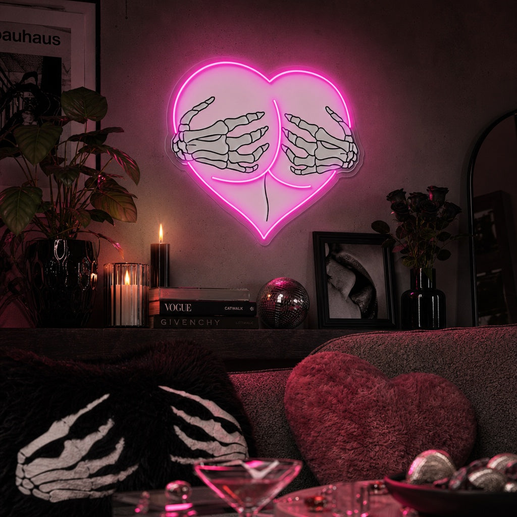 "Roze hart kont knuffel skelethanden" UV-geprint LED-neonbord