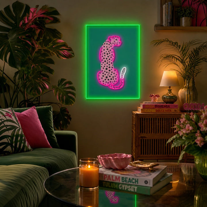 "Roze luipaard Afrikaanse cheetah tropische popkunst" UV-geprint LED-neonbord