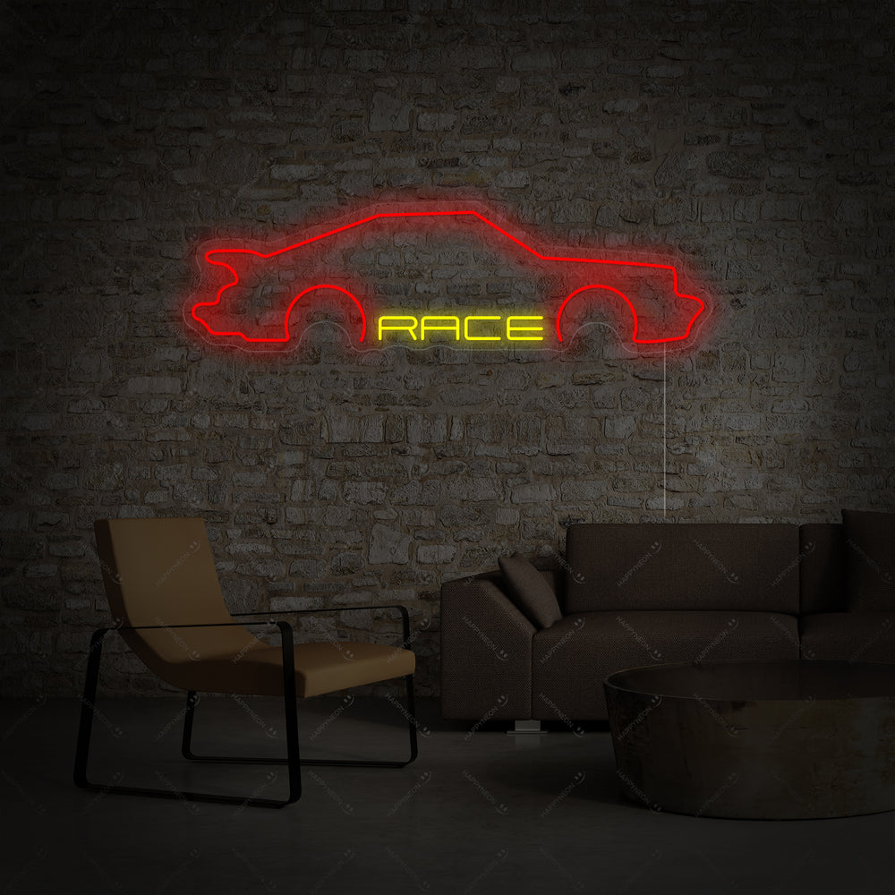 Neon LED-bord van sportwagenprofiel met tekst “RACE”, racingdecoratie voor garage.