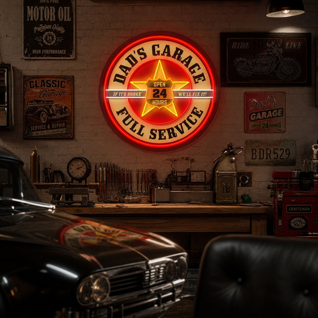 "Retro Dads Garage, Mobil geïnspireerd" UV-geprint LED-neonbord