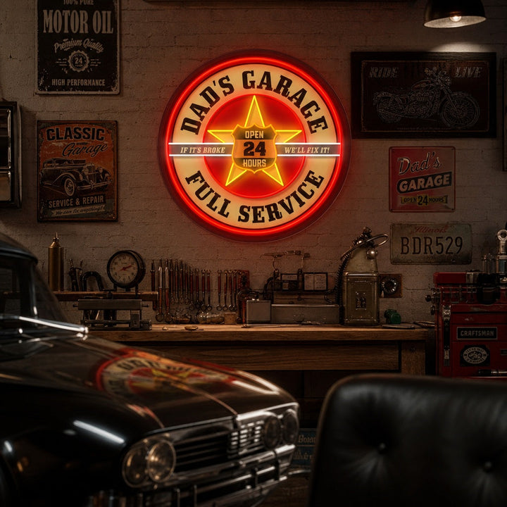 "Retro Dads Garage, Mobil geïnspireerd" UV-geprint LED-neonbord