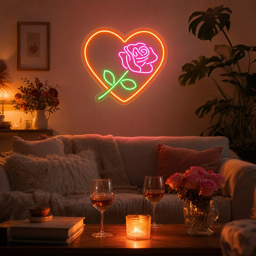 "Roosbloem, Hartvorm, Liefde" Neon Verlichting