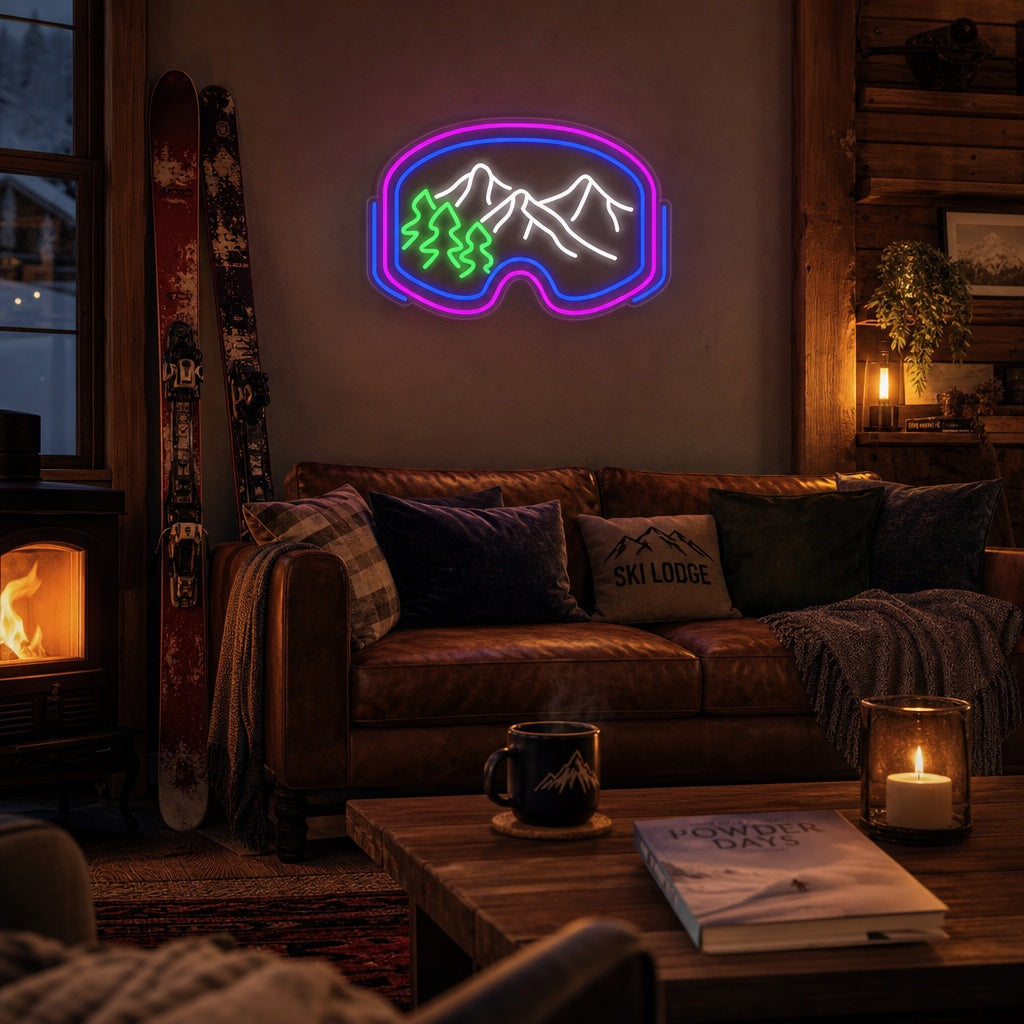 neon skibril met berglandschap en bomen