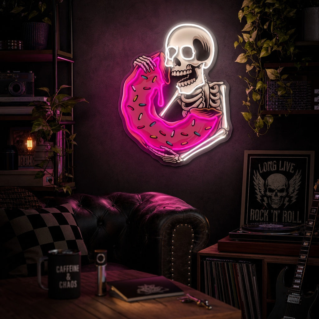 "Schedel die heerlijke donut eet" UV-geprint LED-neonbord