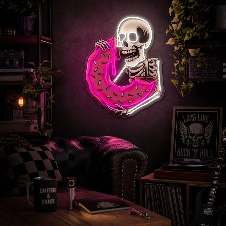 "Schedel die heerlijke donut eet" UV-geprint LED-neonbord
