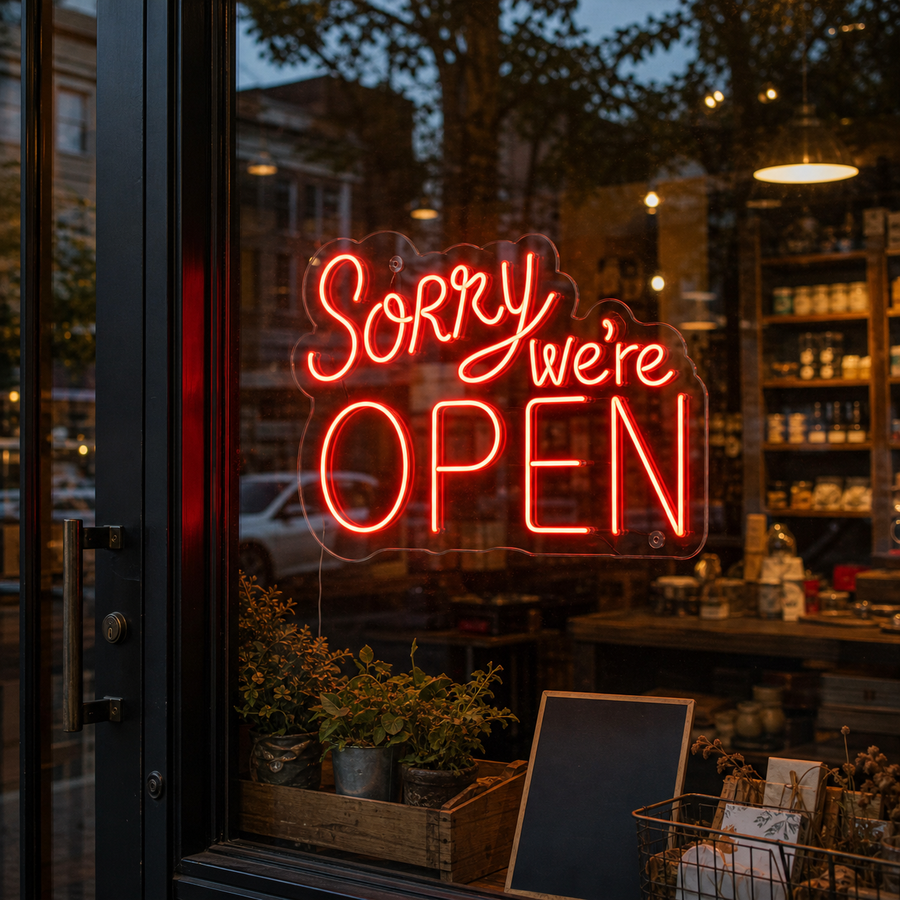 Rood neon LED-bord “Sorry We’re Open”, opvallende winkel- en barverlichting.