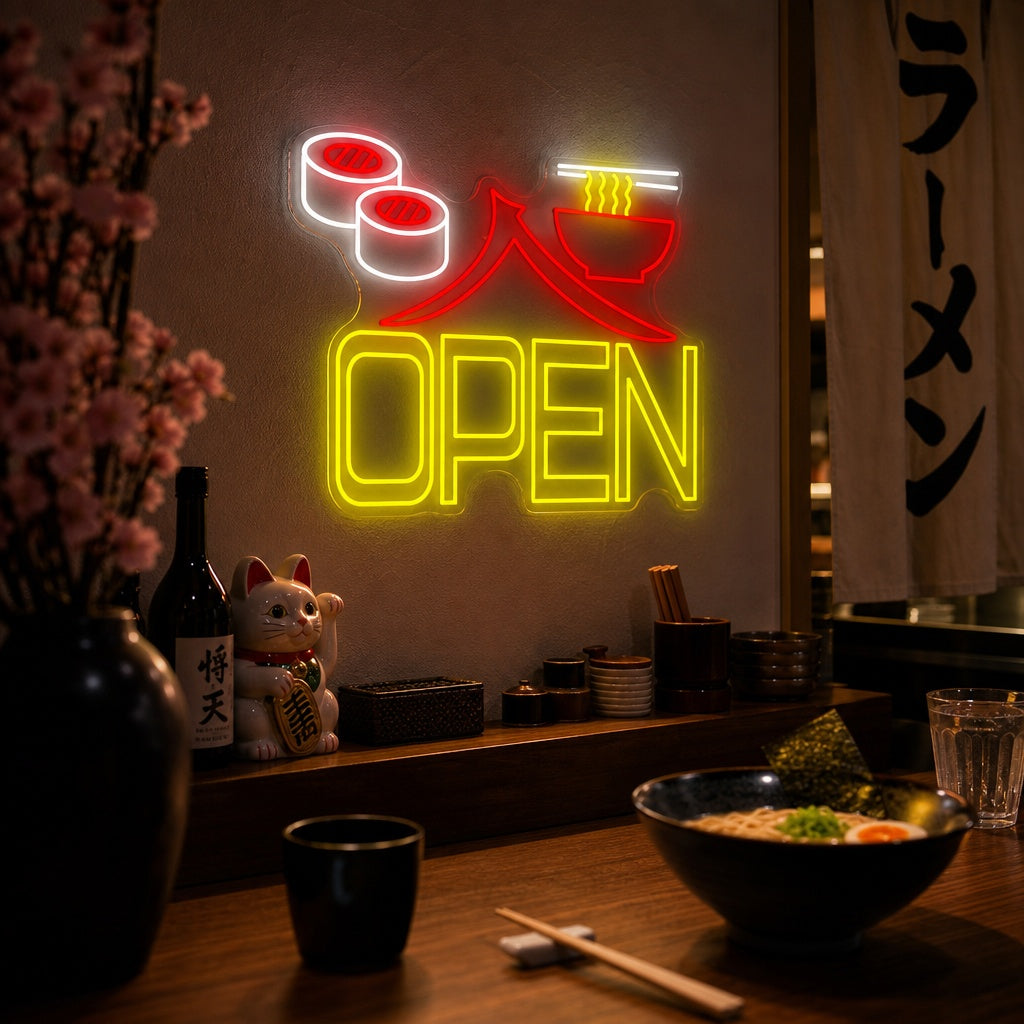 Sushi Ramen Open Neonbord, Japanse Restaurant Decor