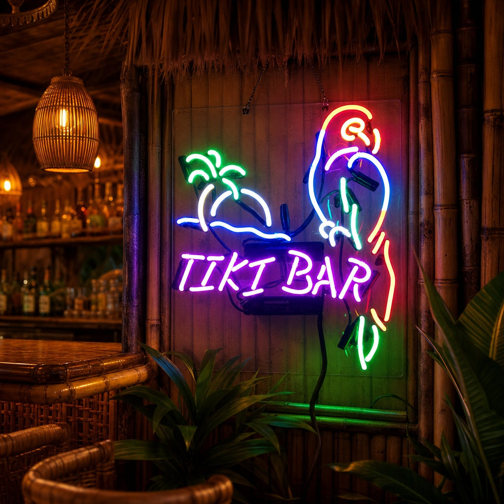 Tiki Bar neon met papegaai en palmboom