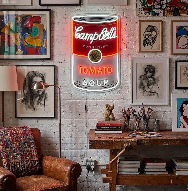 Campbell LED neon bord, Soup LED bord, Pop-art neon decor