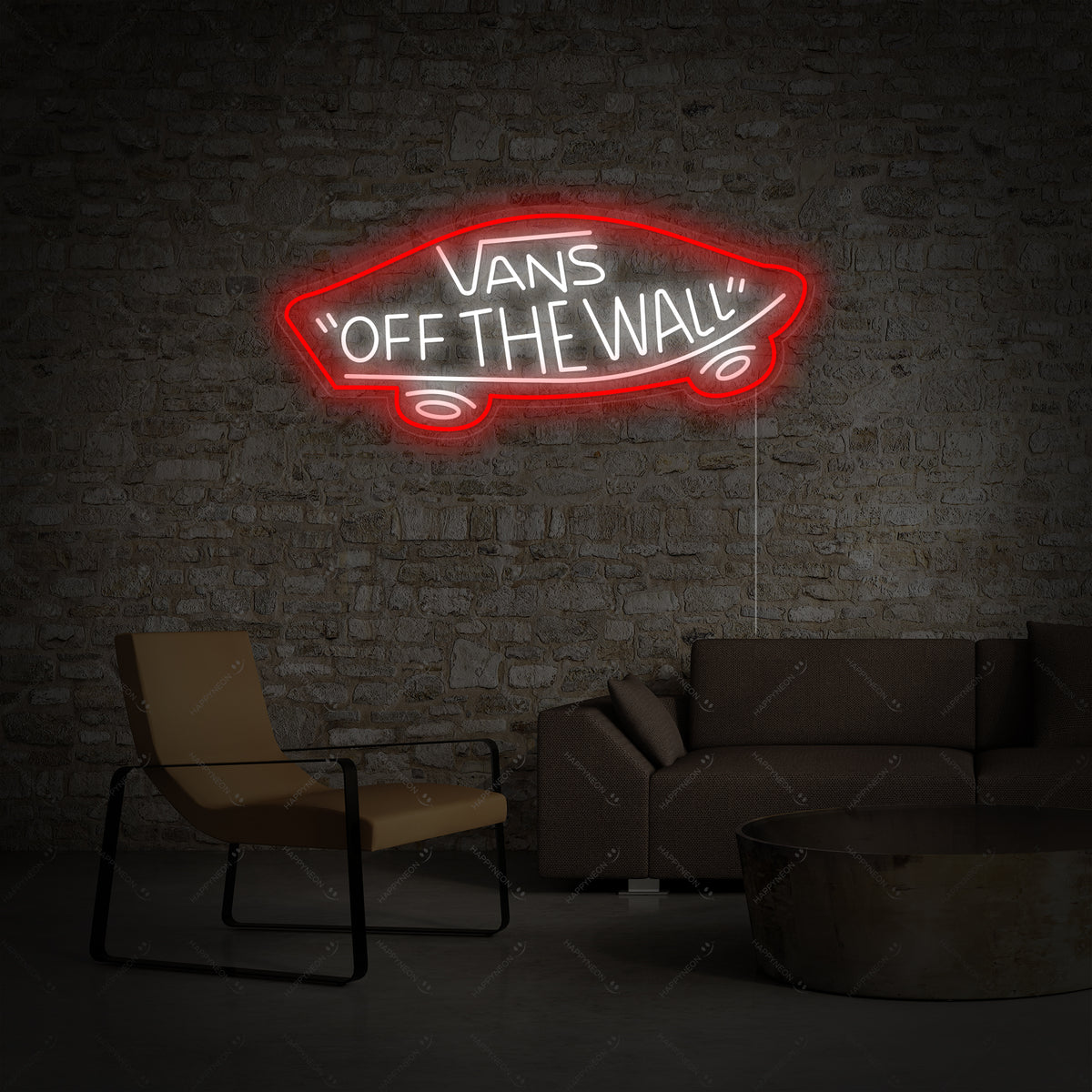 Neon LED-bord Vans “Off The Wall” in skateboardvorm, urban decoratie voor kamer of shop.