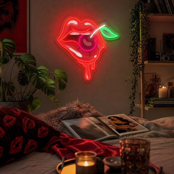 "Vrouwlippen met een kers" UV-geprint LED-neonbord