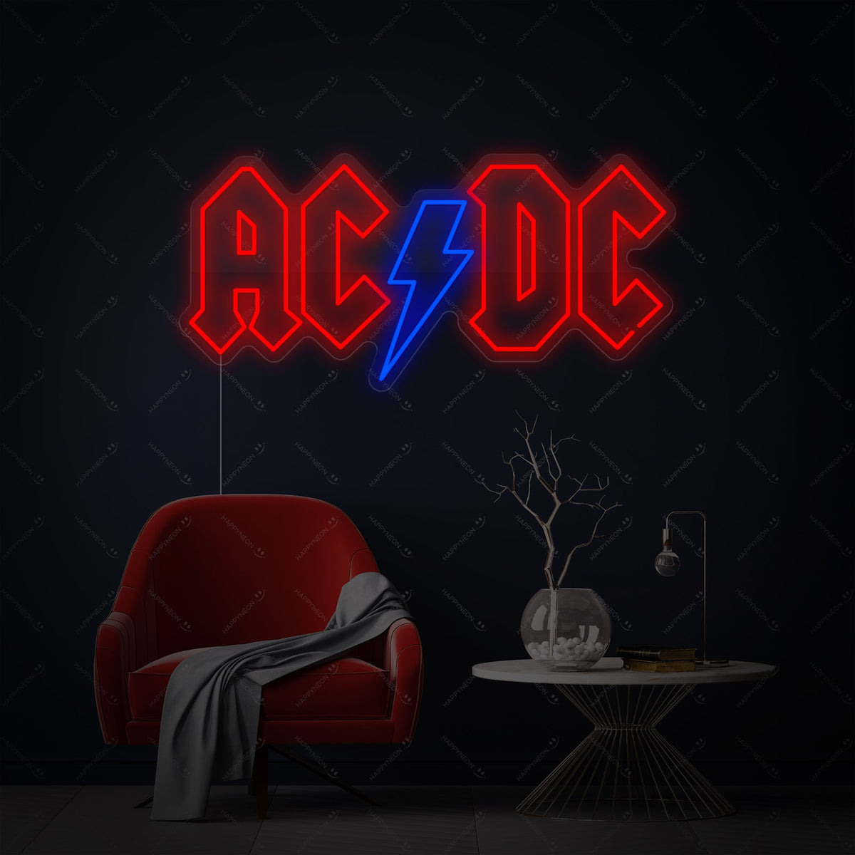 Neon LED AC/DC logo rood blauw, rockstudio decoratie.