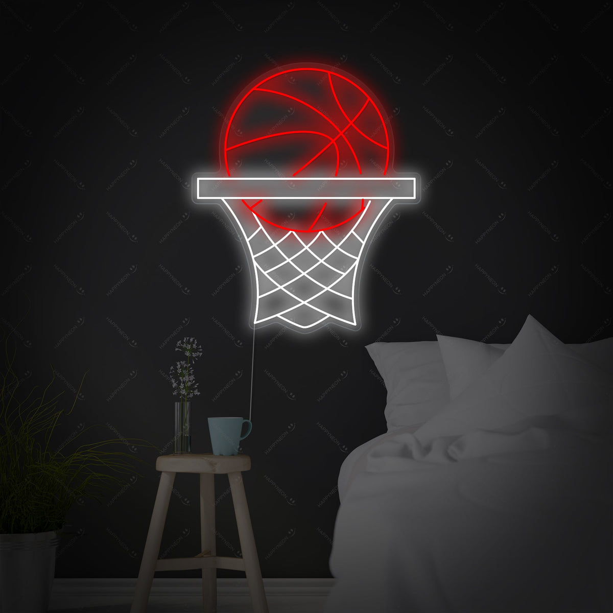 Neon LED basketbal en ring, sportkamerdecoratie.