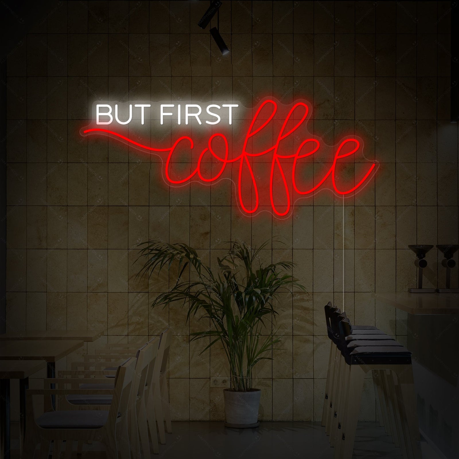 Neon LED “But First Coffee” bord, koffiehoekdecoratie.