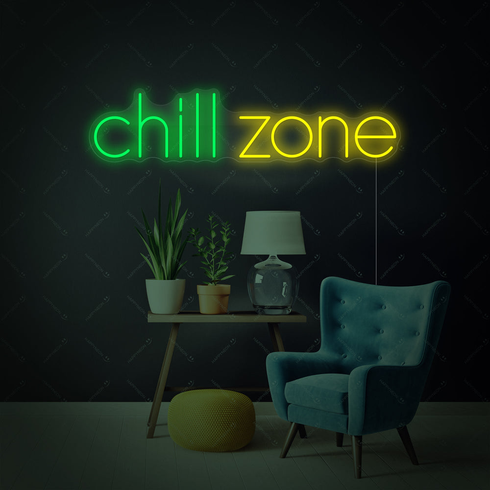 Neon LED “Chill Zone” groen-geel bord, relaxdecoratie.