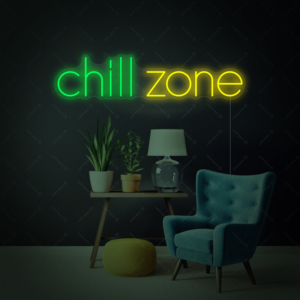 Neon LED “Chill Zone” groen-geel bord, relaxdecoratie.