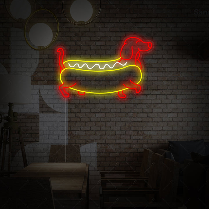 neon lamp van een teckel in hotdogvorm