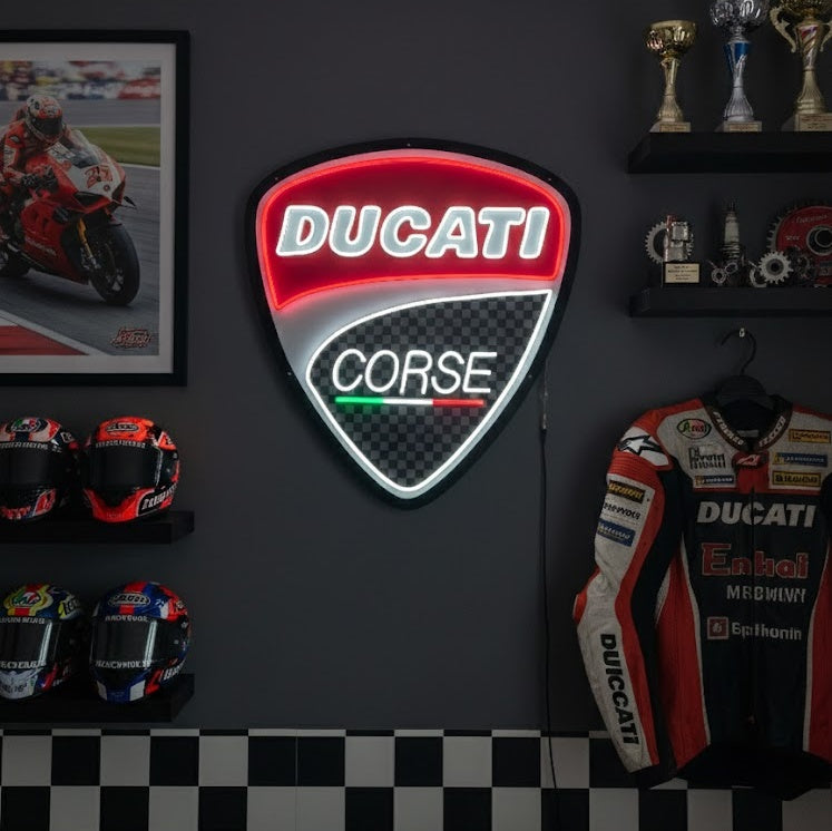 Neon LED-bord Ducati Corse-logo, sportieve garageverlichting.