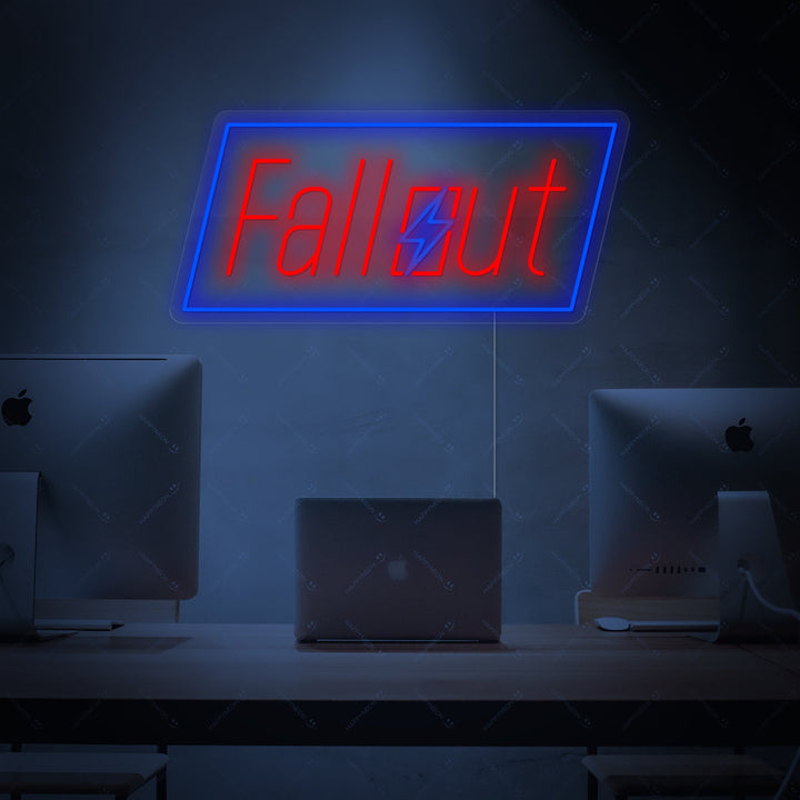 neon tekst Fallout met blauw frame en bliksemsymbool