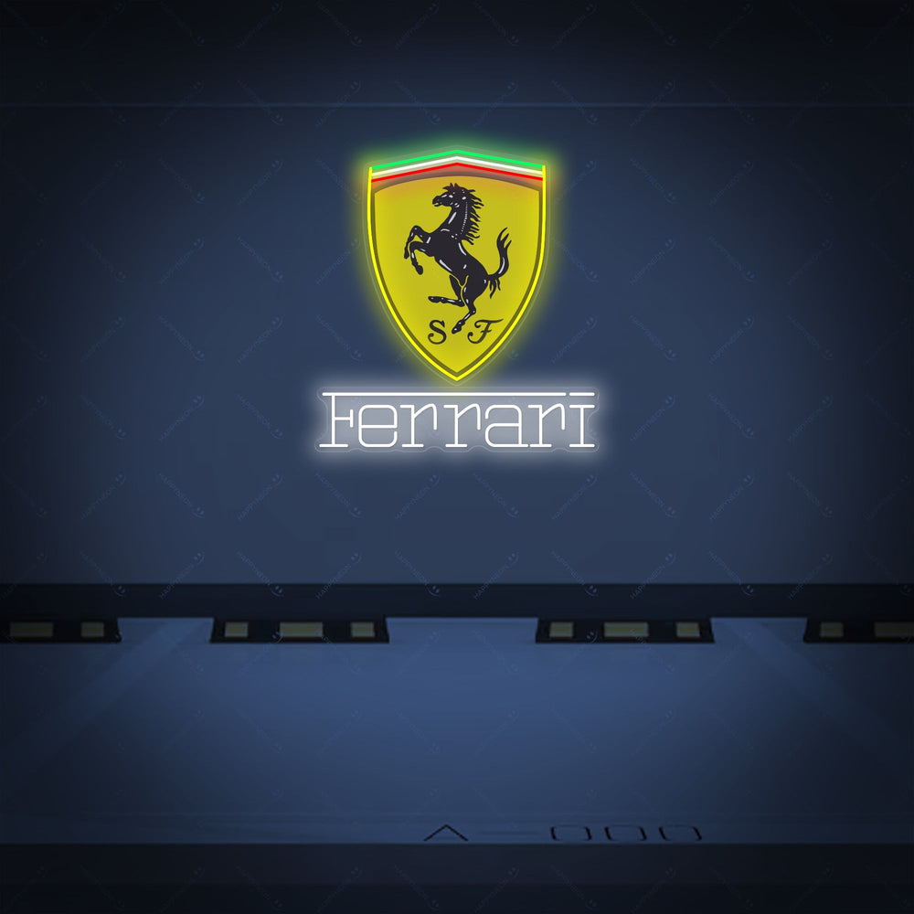 Neon LED Ferrari Scudetto logo, luxe showroomdecoratie.