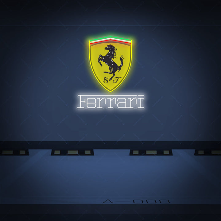 Neon LED Ferrari Scudetto logo, luxe showroomdecoratie.