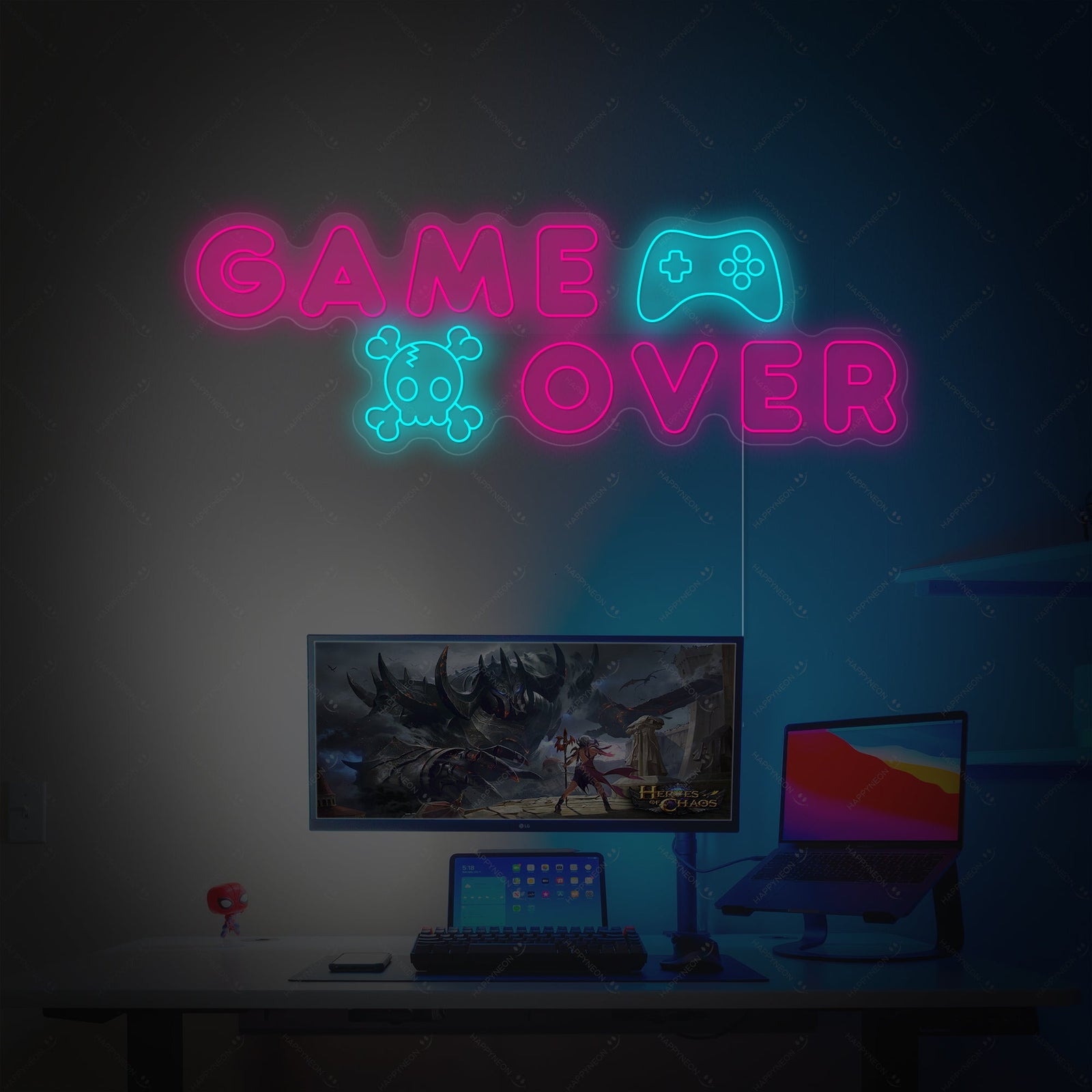 Game Over neon tekst met controller icoon
