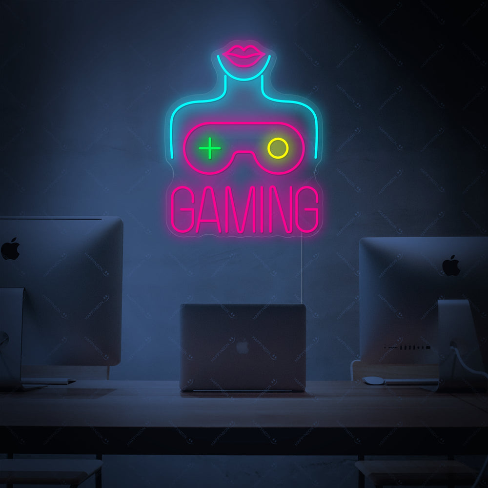 neon vrouwensilhouet met gamecontroller en tekst GAMING
