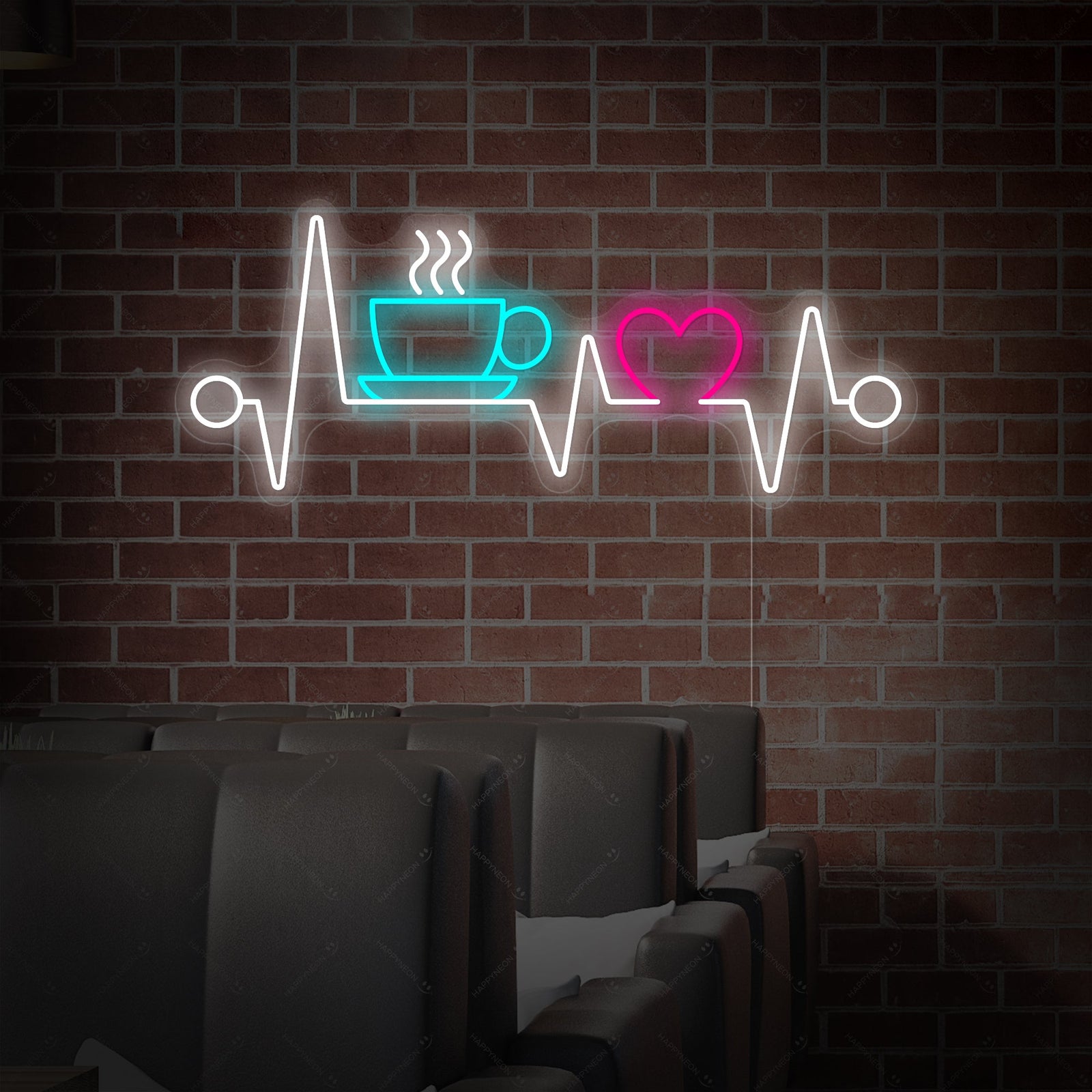 neon koffiekopje met hartslaglijn en hartje