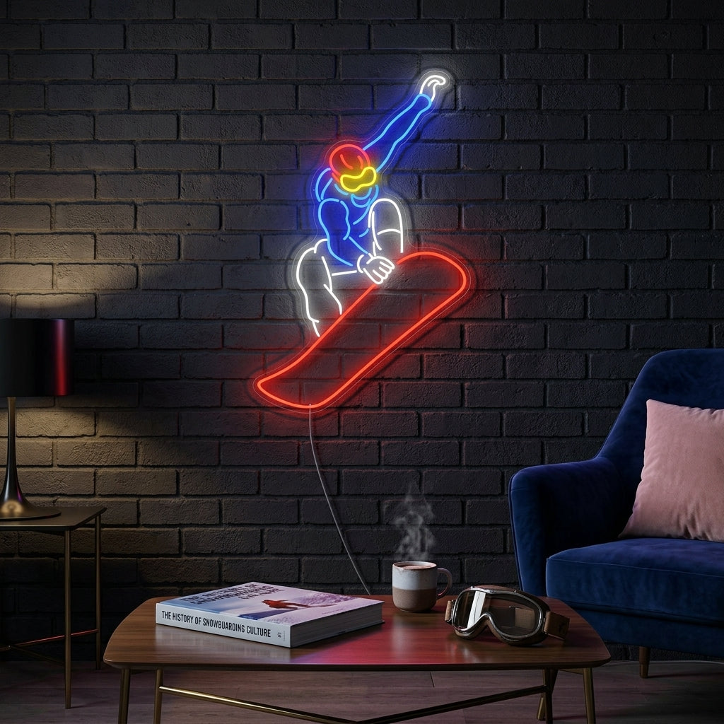 neon snowboarder in sprong rood en blauw