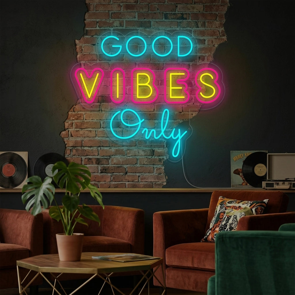 Multicolor neon LED-bord “Good Vibes Only”, vrolijke decoratie.