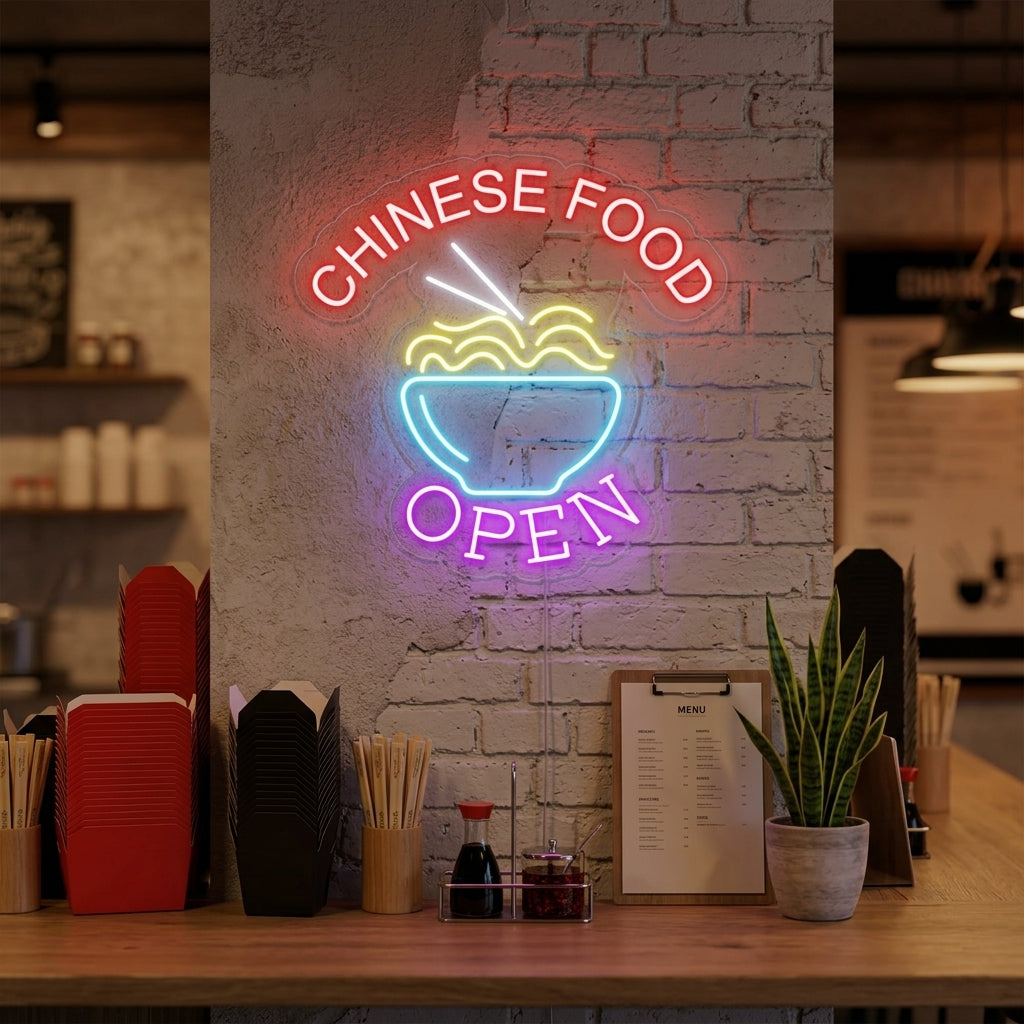 "Chinese Food Open, Noedels" Neon Verlichting