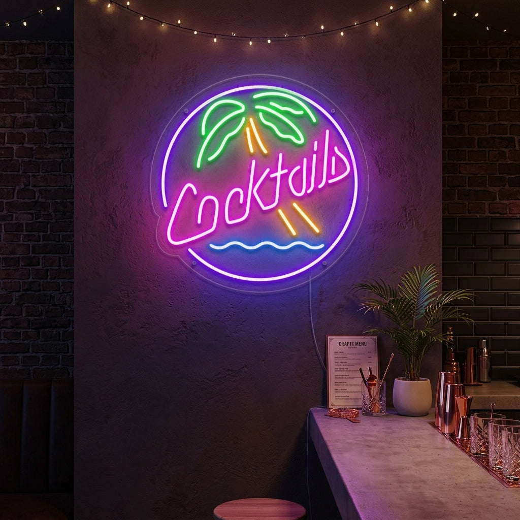 neon tekst Cocktails met palmboom