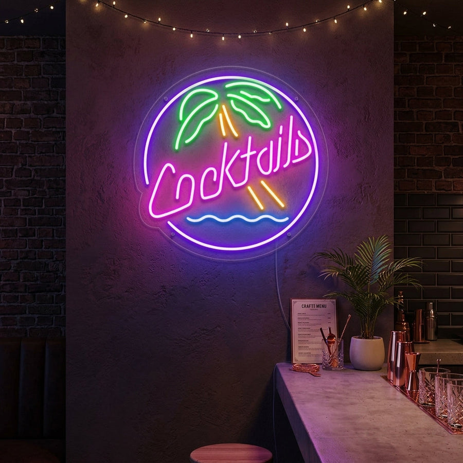 neon tekst Cocktails met palmboom